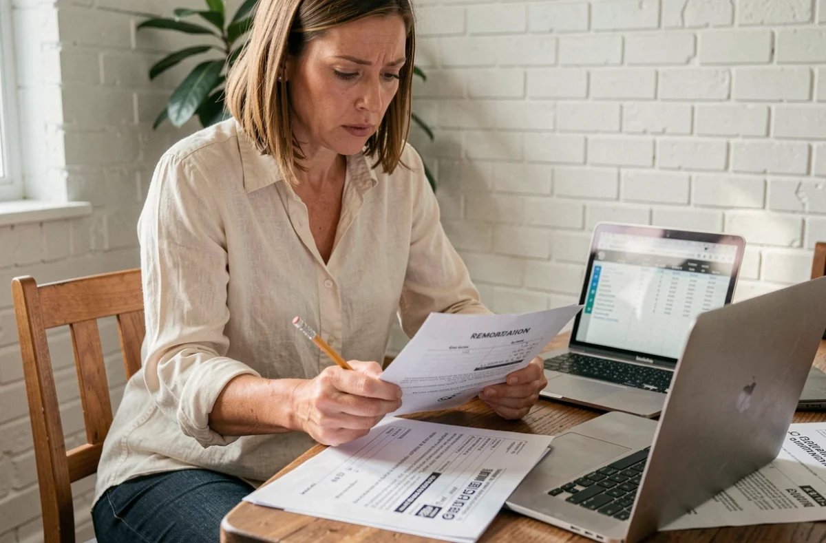 Femme propriétaire comparant plusieurs devis de rénovation sur une table avec ordinateur portable et documents imprimés