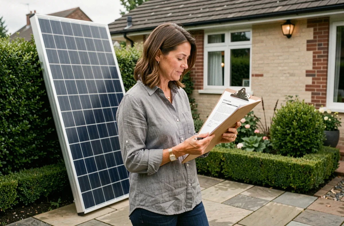 Propriétaire examinant un devis pour l'installation de panneaux solaires thermiques dans son jardin