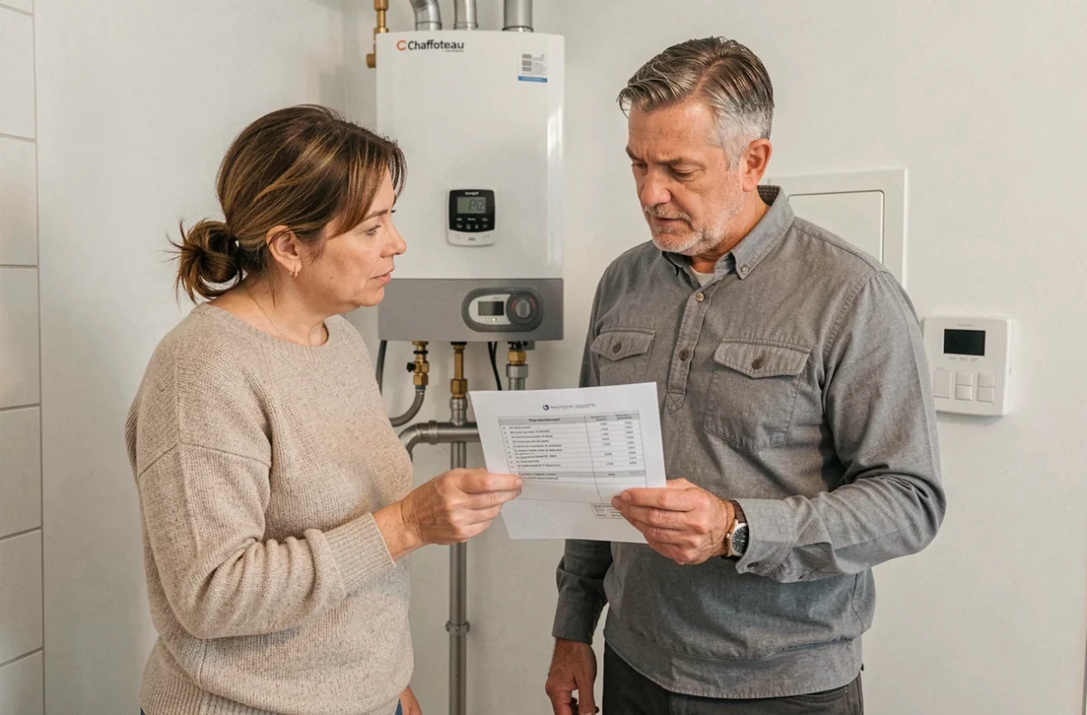 Couple de propriétaires examinant un devis d'installation de pompe à chaleur Chaffoteaux dans leur local technique