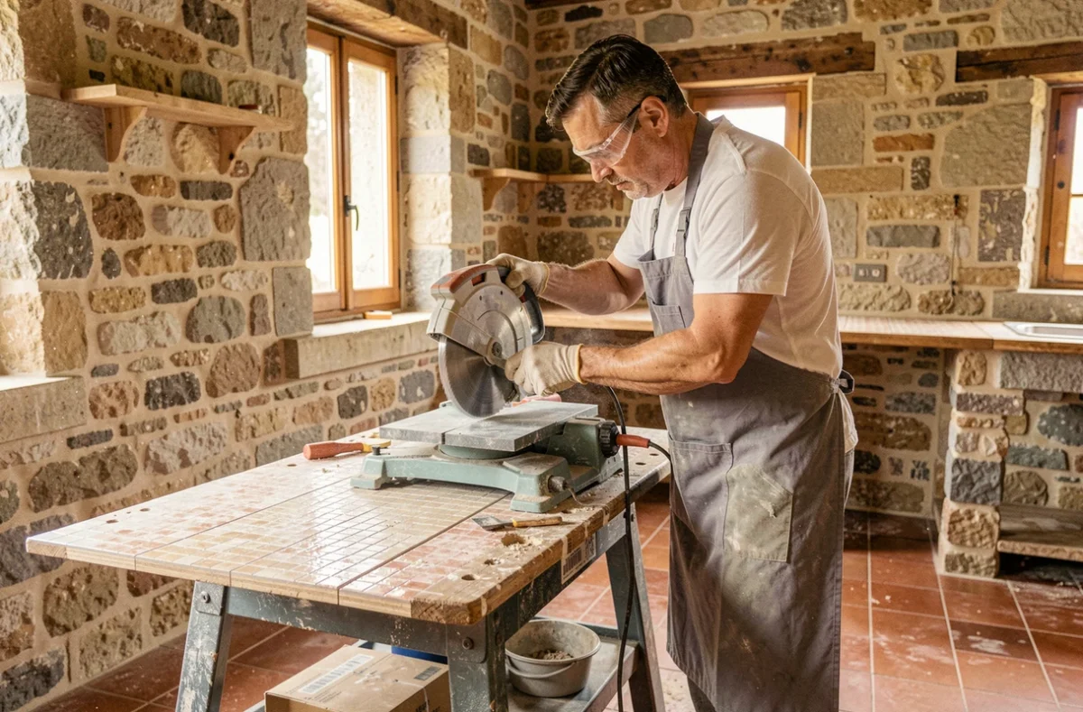 Artisan carreleur polyvalent R-concept réalisant une pose de carrelage dans une maison à Vénéjan