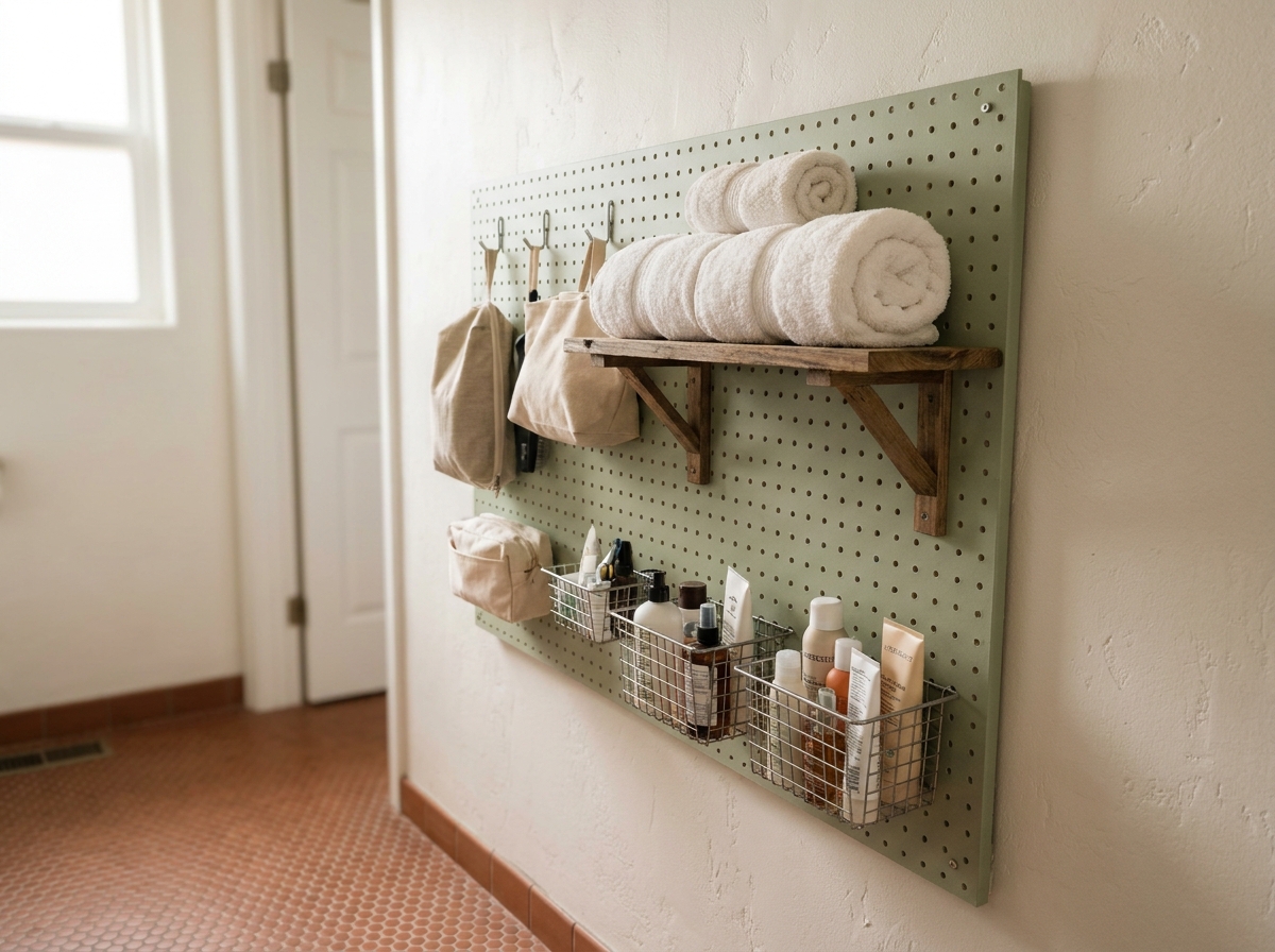 Panneau perforé vert sauge en salle de bain pour ranger serviettes, trousses de toilette et produits capillaires sans perdre de place