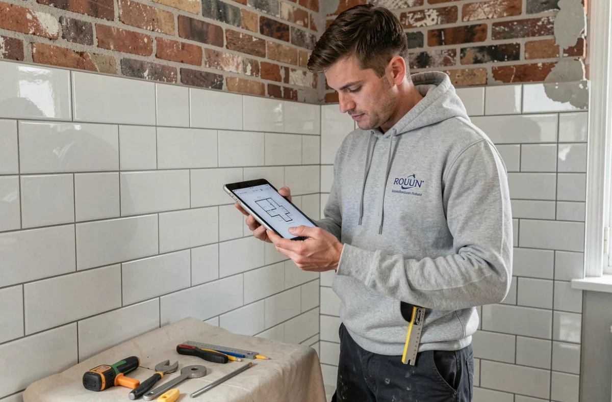 Carreleur de RDV Artisans à Rouen consultant un plan de pose sur tablette dans un appartement en cours de carrelage