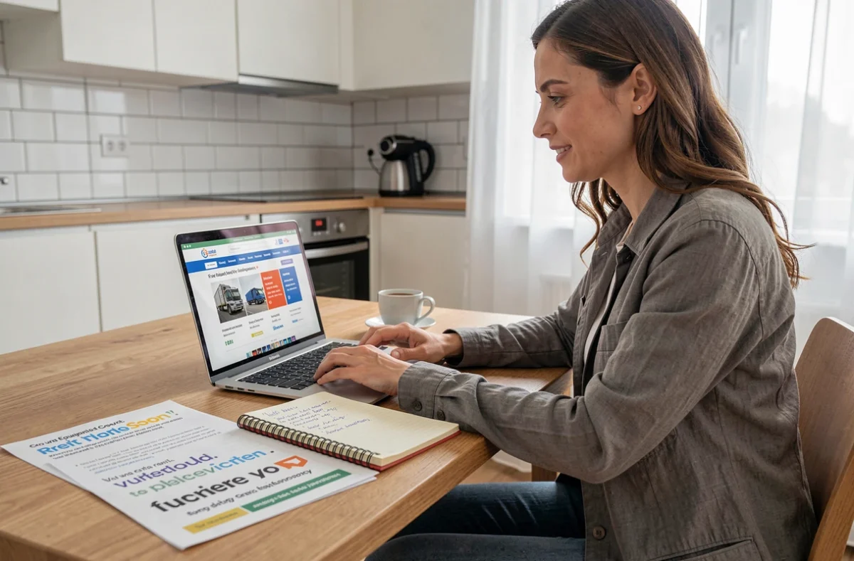 Une femme recherche et compare en ligne les prix de location de matériel de travaux depuis son domicile
