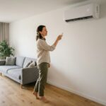 Femme réglant une climatisation réversible murale dans un salon moderne avec parquet en chêne