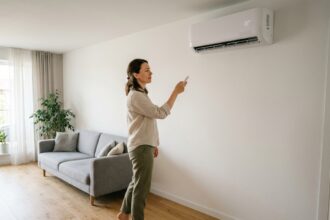 Femme réglant une climatisation réversible murale dans un salon moderne avec parquet en chêne