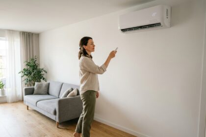 Femme réglant une climatisation réversible murale dans un salon moderne avec parquet en chêne
