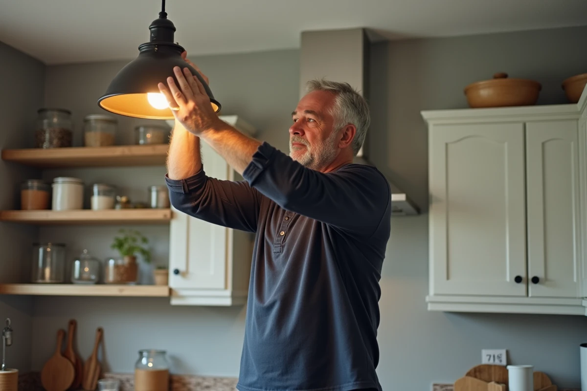 Homme remplaçant une ampoule E14 dans un luminaire suspendu vintage dans une cuisine moderne