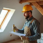 Homme en travaux vérifiant un plan près d'une fenêtre de toit