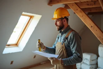 Homme en travaux vérifiant un plan près d'une fenêtre de toit