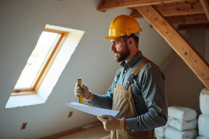 Homme en travaux vérifiant un plan près d'une fenêtre de toit