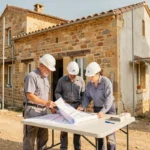Équipe de professionnels de la rénovation devant une maison en pierre en Tarn-et-Garonne