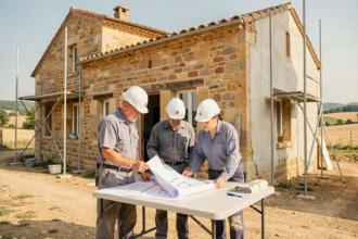 Équipe de professionnels de la rénovation devant une maison en pierre en Tarn-et-Garonne