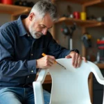 Homme réparant une chaise en plastique blanc dans un atelier lumineux