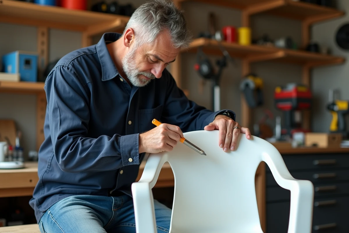 Homme réparant une chaise en plastique blanc dans un atelier lumineux