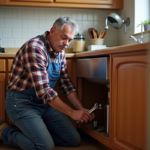 Homme d'âge moyen répare un tuyau sous l'évier de cuisine