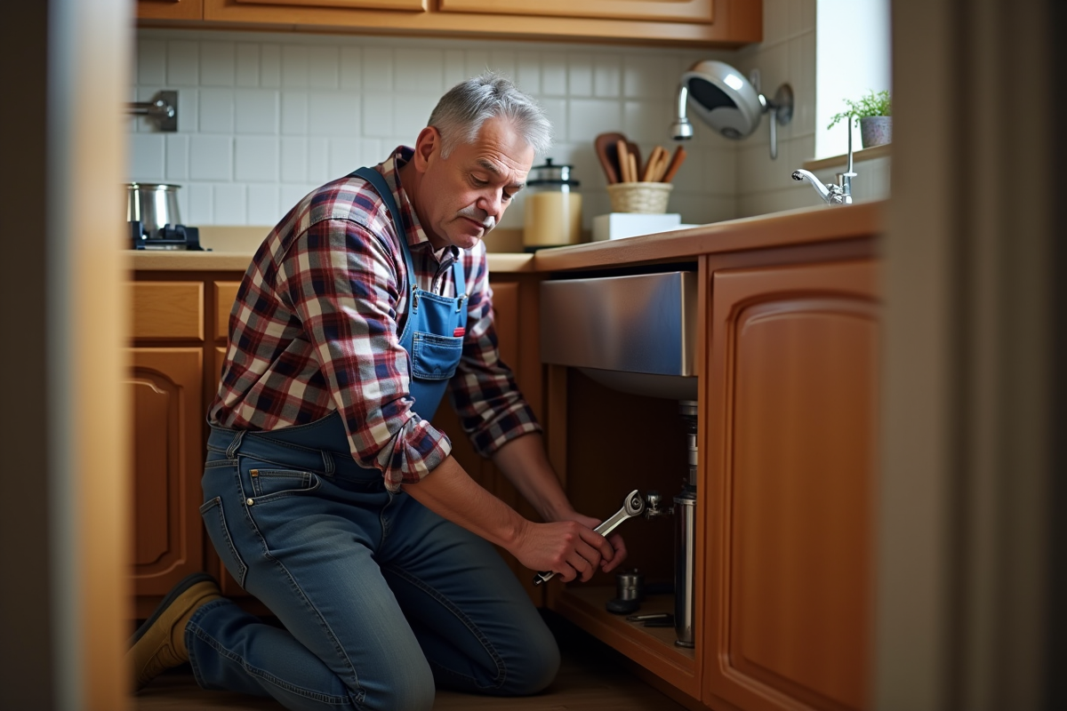 Homme d'âge moyen répare un tuyau sous l'évier de cuisine