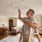 Homme réparant une fissure au plafond avec une spatule et de l'enduit dans un appartement