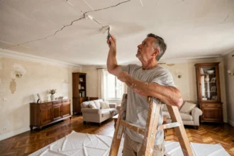 Homme réparant une fissure au plafond avec une spatule et de l'enduit dans un appartement