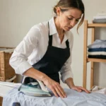 Femme professionnelle effectuant un repassage à domicile sur une planche à repasser dans une buanderie bien rangée
