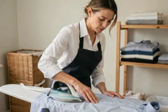 Femme professionnelle effectuant un repassage à domicile sur une planche à repasser dans une buanderie bien rangée