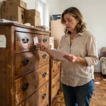 Femme examinant une étiquette de reprise sur un meuble ancien avant enlèvement à domicile par une enseigne