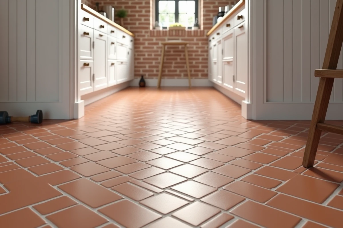 Sol de cuisine en carrelage tomette pose en chevron avec joints uniformes, résultat d'une pose professionnelle au m2