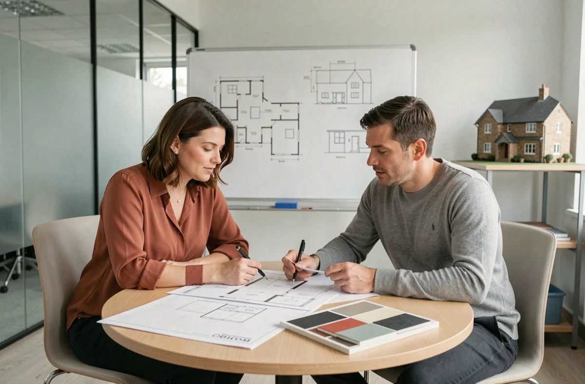 Couple en réunion avec un architecte pour concevoir les plans sur mesure d'une maison de style picard traditionnel
