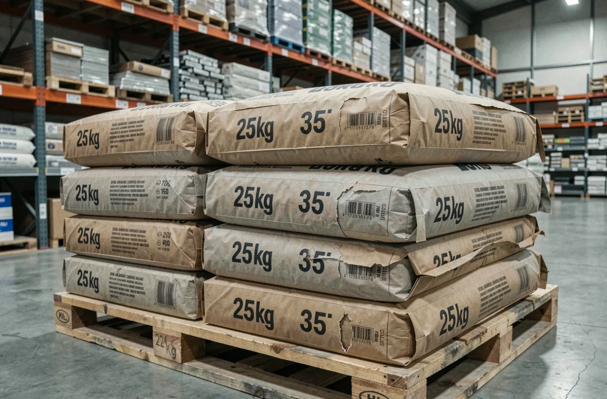 Sacs de ciment 25 kg et 35 kg côte à côte sur une palette dans un entrepôt de matériaux de construction