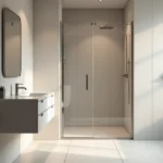 Petite salle de bain 4m2 sans WC avec carrelage grand format et bac de douche en céramique facile à entretenir