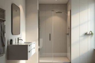 Petite salle de bain 4m2 sans WC avec carrelage grand format et bac de douche en céramique facile à entretenir