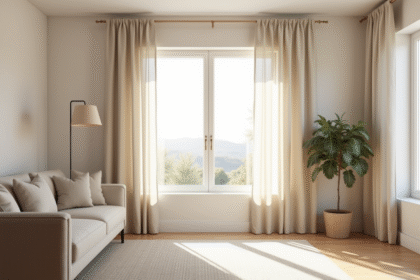 Salon moderne avec rideau en lin clair lumineux