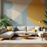 Salon moderne avec mur accent géométrique et mobilier scandinave