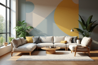 Salon moderne avec mur accent géométrique et mobilier scandinave