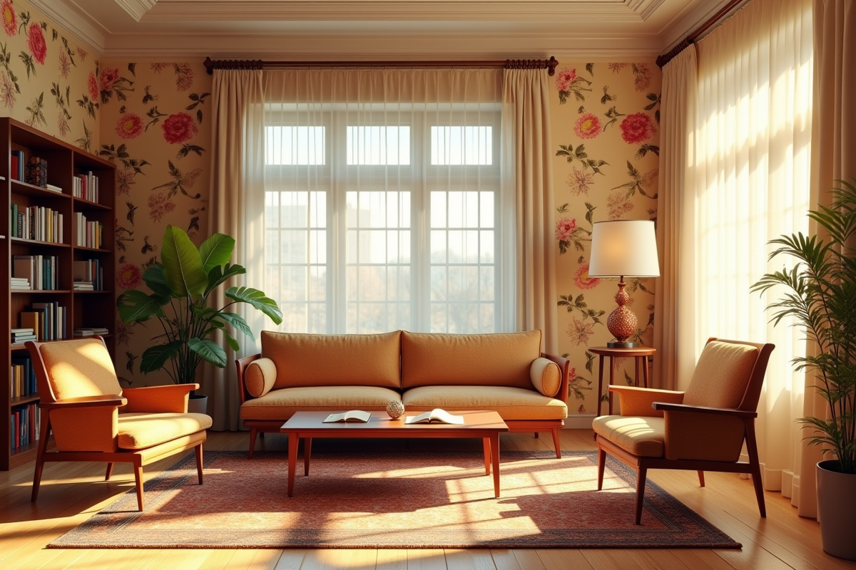 Salon élégant avec papier peint floral vintage et mobilier d