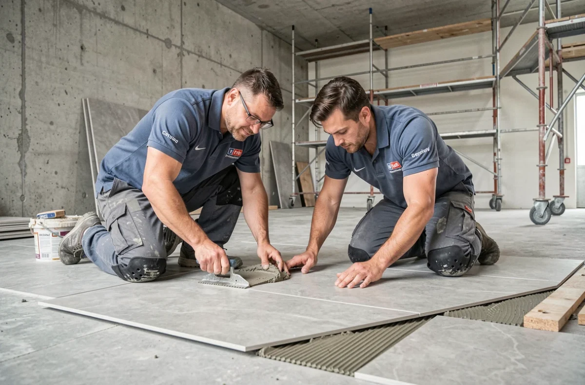 Équipe de l'entreprise Sarl Atous Concept posant du carrelage sur un chantier multisecteur