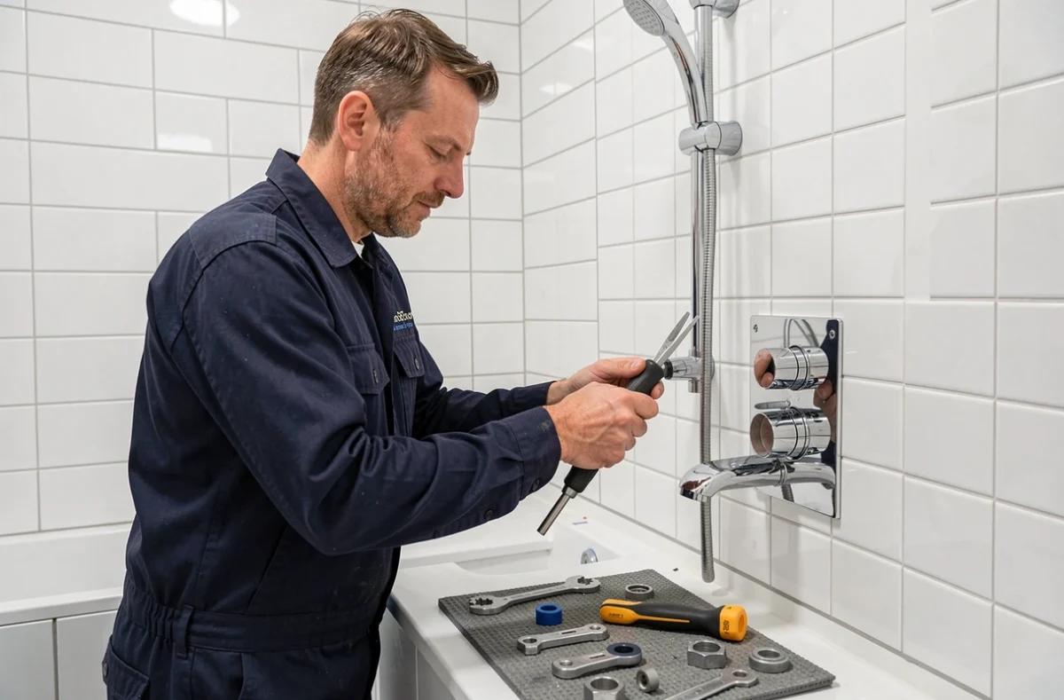 Plombier de SARL JP Vérines installant des équipements sanitaires dans une salle de bain entièrement rénovée