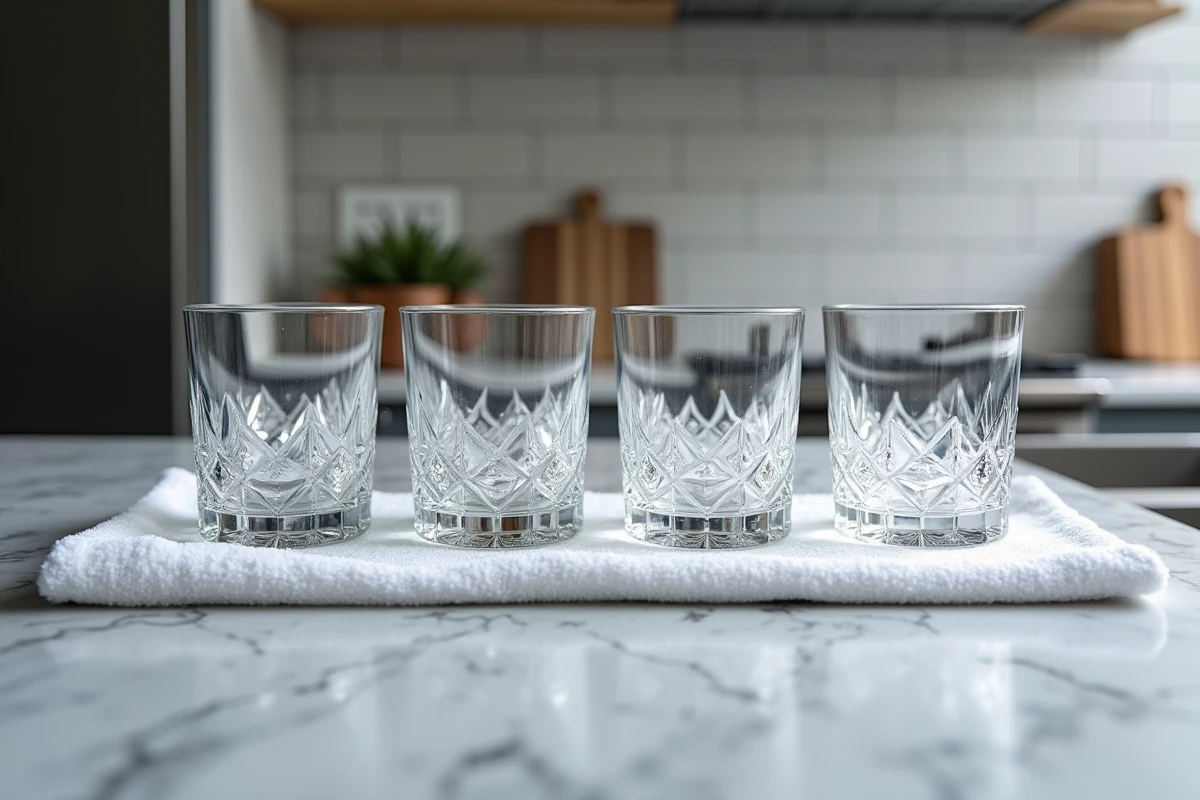 Rangée de verres à whisky en cristal retournés sur un torchon blanc après lavage sur un plan de travail en marbre