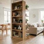 Bibliothèque en bois utilisée comme séparation meuble entre salon et salle à manger dans un appartement scandinave moderne