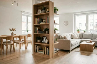 Bibliothèque en bois utilisée comme séparation meuble entre salon et salle à manger dans un appartement scandinave moderne
