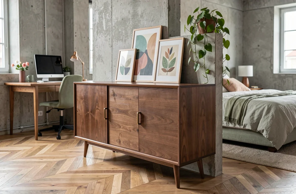Buffet vintage en noyer servant de séparation meuble entre espace bureau et chambre dans un studio contemporain