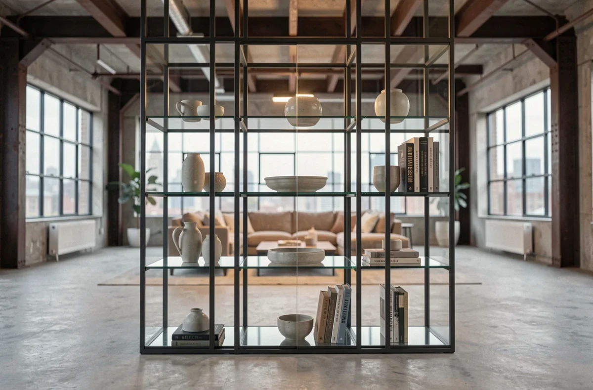 Vitrine en métal et verre utilisée comme séparation meuble élégante dans un loft industriel avec vue sur la ville