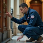 Serrurier professionnel agréé par les assurances inspectant une serrure haute sécurité sur une porte d'appartement parisien