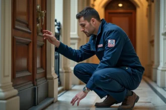 Serrurier professionnel agréé par les assurances inspectant une serrure haute sécurité sur une porte d'appartement parisien