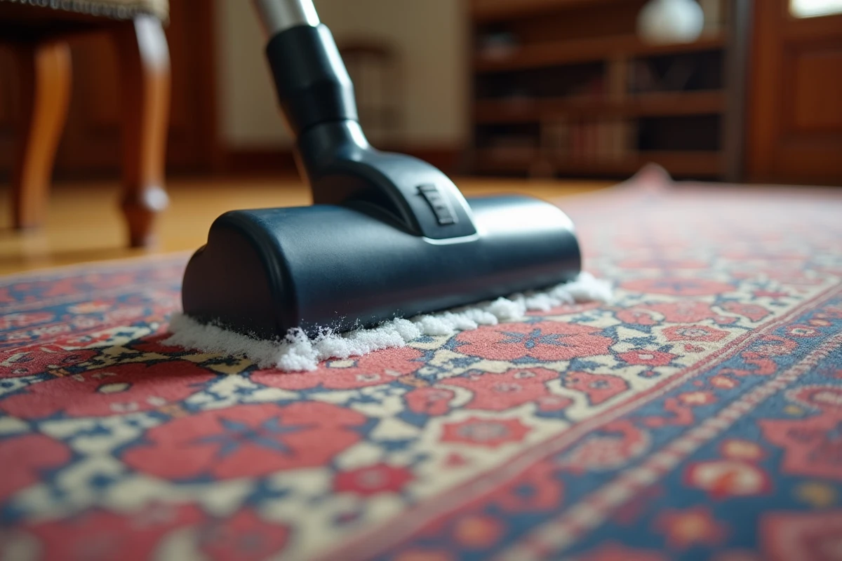 Gros plan d'une shampouineuse sur un tapis persan aux motifs géométriques avec mousse de nettoyage visible