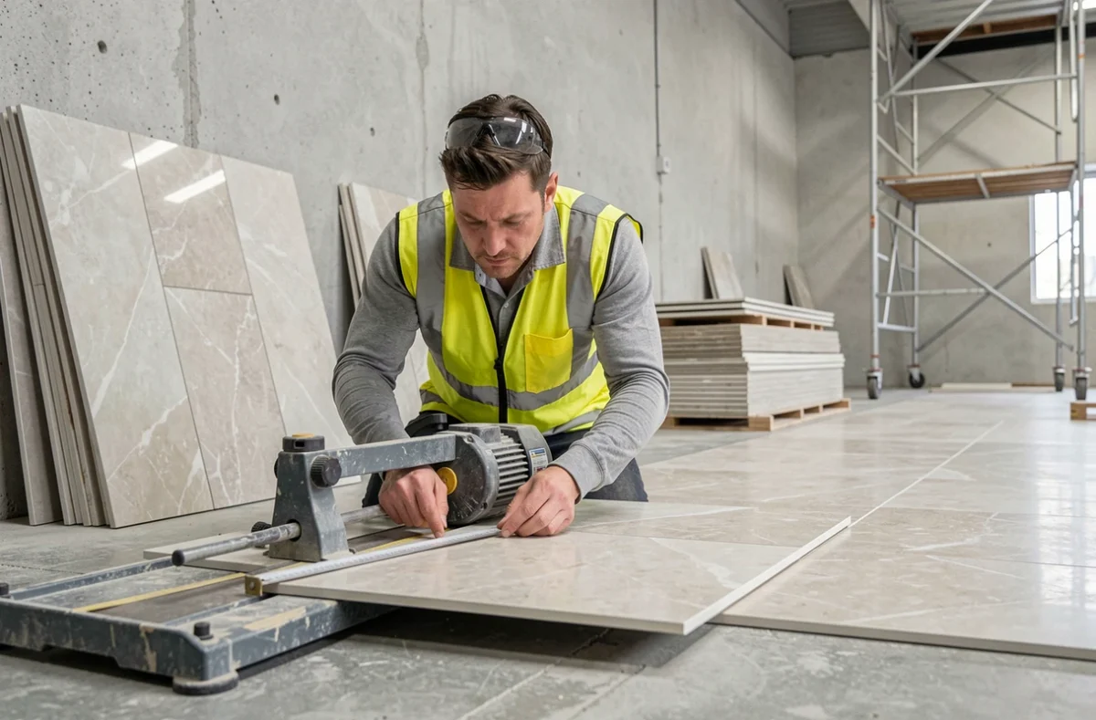 Technicien de Solfatec découpant un carrelage grand format sur un chantier commercial en rénovation