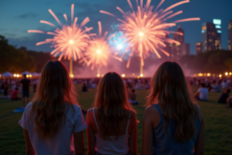 Groupe d'adultes regardant un spectacle de drones dans un parc urbain