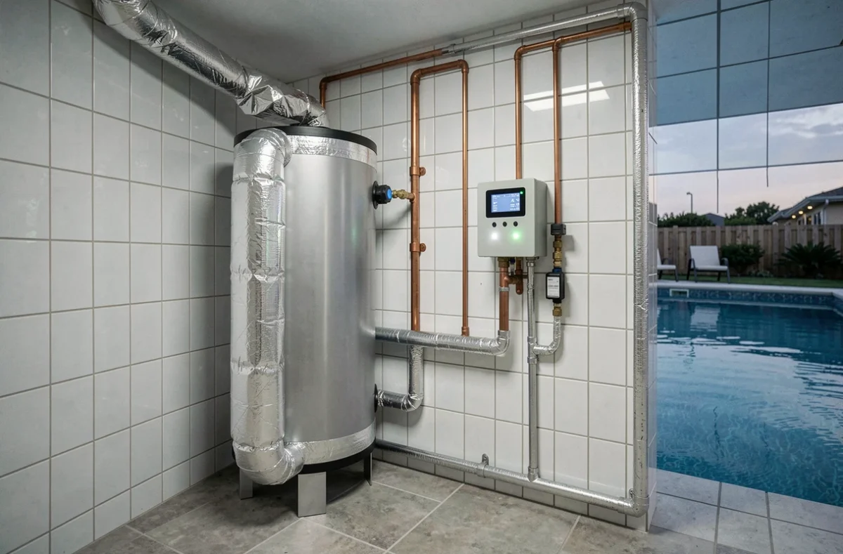 Système de chauffage solaire de piscine avec ballon de stockage et régulateur de température dans un local technique intérieur