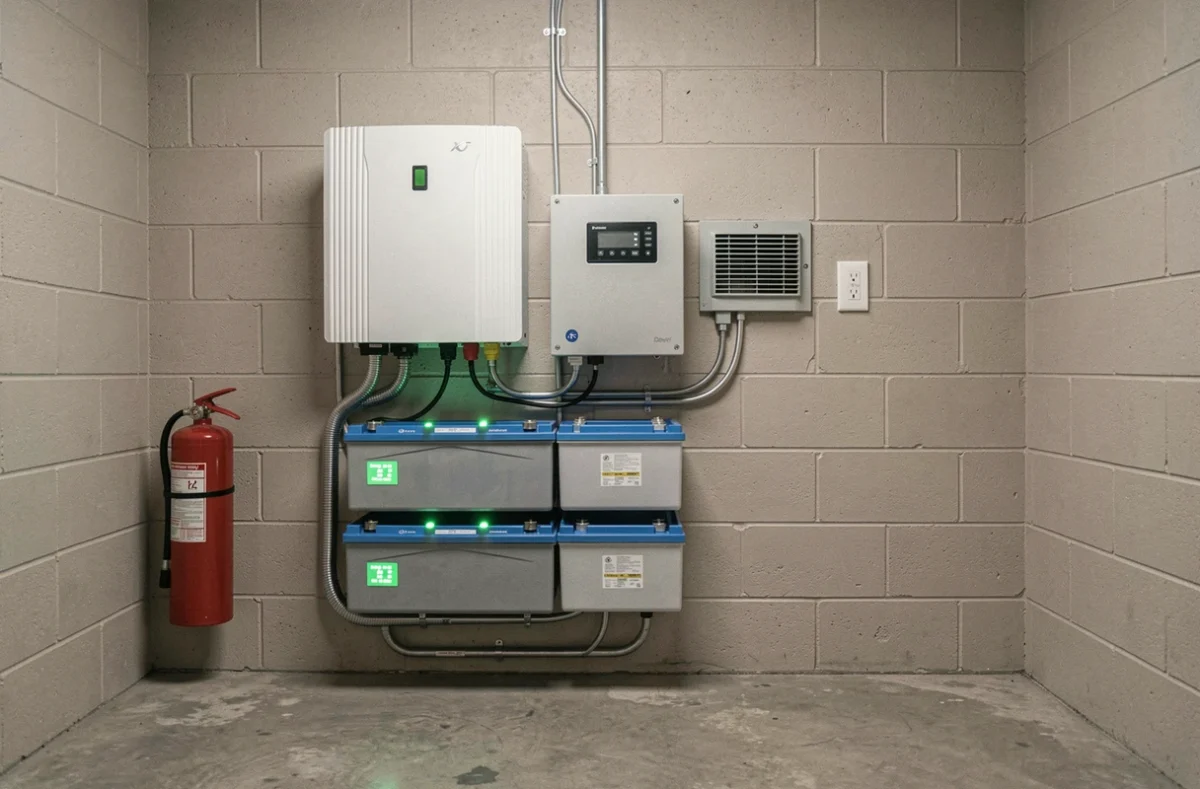 Système complet de stockage solaire avec onduleur hybride et batterie lithium installé dans une buanderie résidentielle