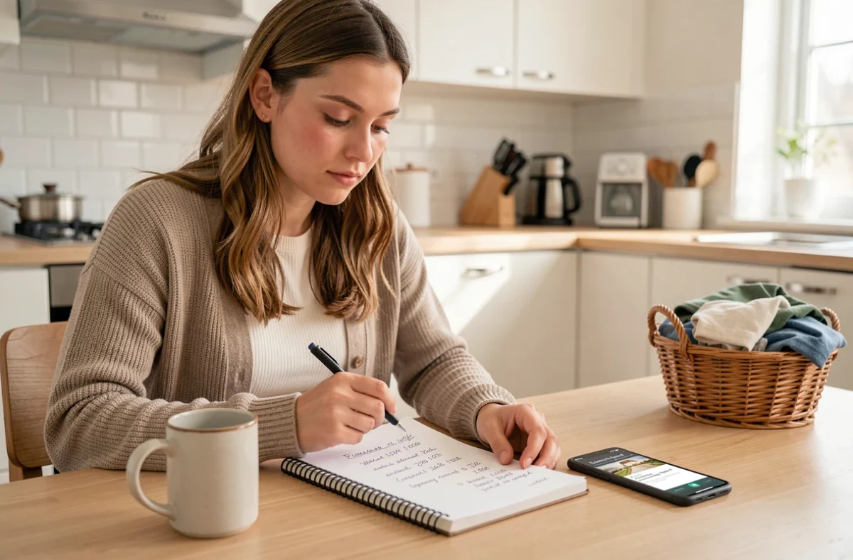 Femme comparant les tarifs d'un service de repassage à domicile avec une liste de prix et une application sur smartphone