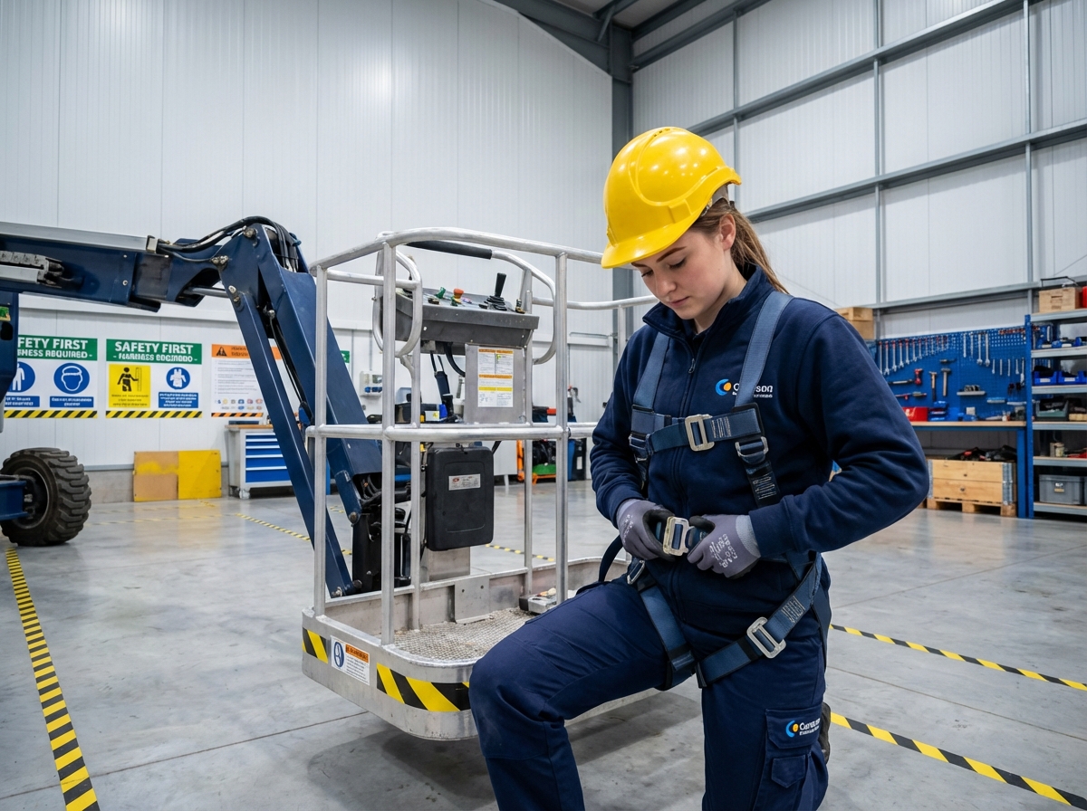 Technicien en uniforme ajustant son harnais en intérieur